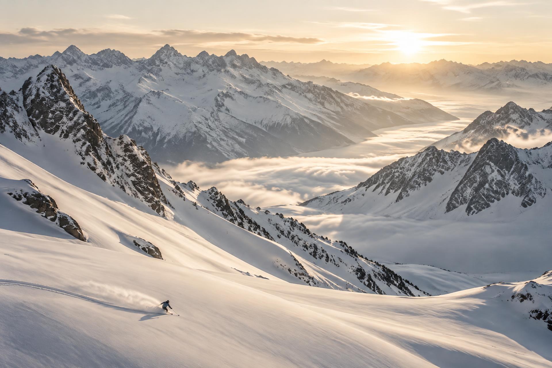 A skier carving through fresh snow beneath sunlit alpine peaks